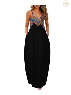 Plus Size Maxi Dress with Pockets Adjustable Spaghetti Strap Loose Fit Floor
